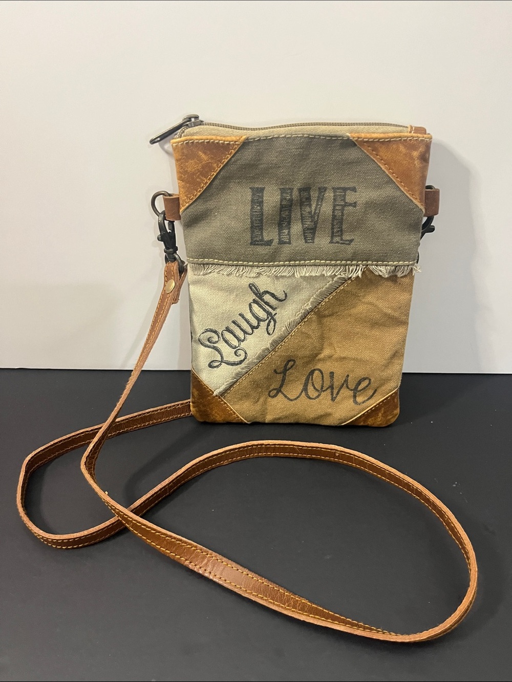 Live Laugh Love Crossbody Bag - Brown/Tan